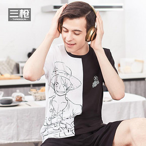 三枪T恤男夏季纯棉圆领短袖男海贼王联名款水柔棉男汗衫全棉上衣 29.9元