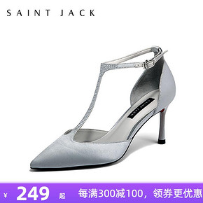 SAINT JACK女鞋春夏单鞋羊皮浅口时尚高跟鞋尖头细跟中跟33码凉鞋 249元