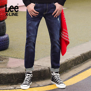 Lee X-LINE2019秋冬新款深蓝修身破洞直筒牛仔裤男 促销价559