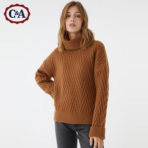 C&A个性翻折高领条纹复古套头毛衣女士2019冬CA200223247 99元