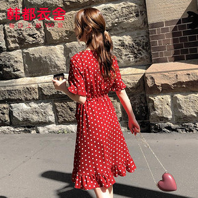 HSTYLE 韩都衣舍 EK9084 女装夏装波点红色高腰雪纺连衣裙 148元