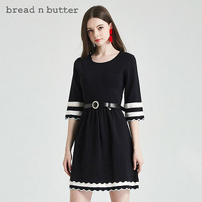 荷叶袖A字裙bread n butter女装五分袖圆领修身连衣裙 269元