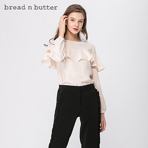 荷叶边一粒扣上衣bread n butter春女装圆领直筒雪纺衫 219元