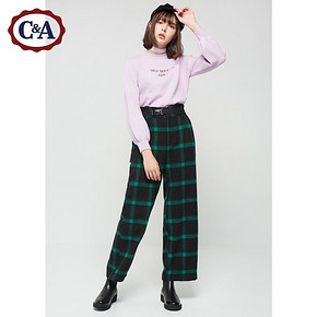 C＆A原宿风腰带饰毛呢格子高腰阔腿裤女 冬新款CA200212567 89元