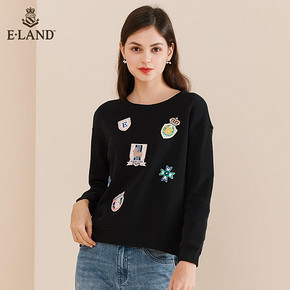 3件8折|ELAND春季女装简约休闲贴布图案宽松圆领长袖卫衣女 206元
