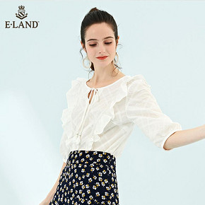ELAND19夏季新款ins风系带荷叶边装饰七分袖条纹衬衫女EEBW925C1M 269元