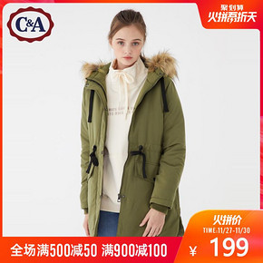 ￥199 C&A抽绳收腰工装派克大衣女2019冬季中长款连帽棉服CA200222181-1