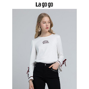 Lagogo/拉谷谷冬季新款复古撞色刺绣T恤女长袖上衣HCTT519A01 119元