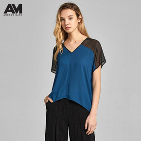 ANDREWMARC2019夏季新品女士V领雪纺上衣T恤 印花拼接雪纺衫女 128元