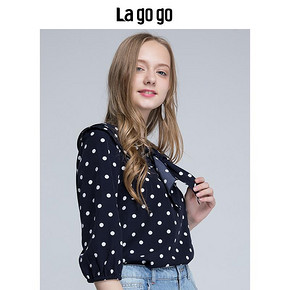 Lagogo拉谷谷春秋装甜美蝴蝶结波点印花娃娃领雪纺衫七分袖上衣女 104元