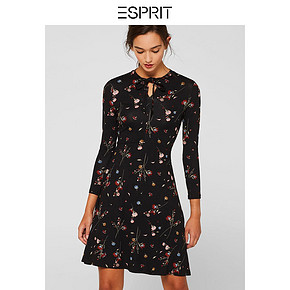 ESPRIT法式复古连衣裙女2019秋季新款纯色修身收腰系带圆领裙子 *3件 255.6元（