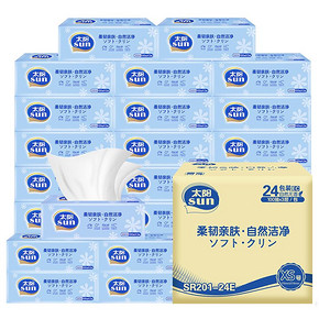 ￥14.2 88VIP： Sun 太阳 柔韧亲肤抽纸 3层*100抽*24包 *5件