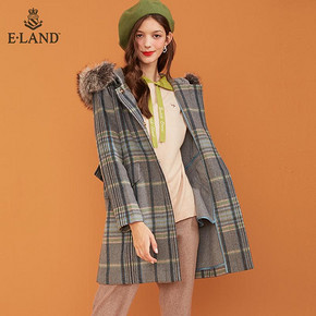 预售EEJW84T54A ELAND秋冬连帽毛领腰带中长款羊毛大衣外套女 729.05元