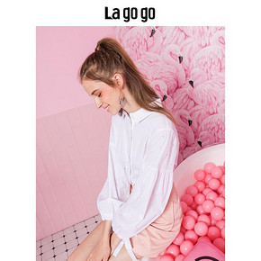 Lagogo拉谷谷2019秋装喇叭袖上衣时尚宽松钉珠洋气白色衬衫女长袖 80元