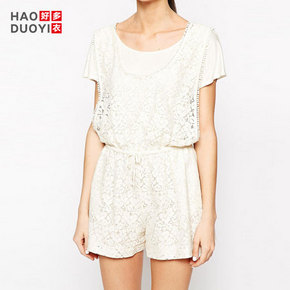 Haoduoyi J15150B762 女款刺绣蕾丝白色短袖连体裤 65元