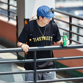 714street夏季男装 短袖T恤男女印花纯棉宽松体恤情侣ins打底衫潮 *3件 176.6元