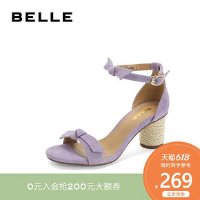 百丽一字带凉鞋女蝴蝶结夏季商场同款休闲粗高跟凉鞋BZ831BL9 269元