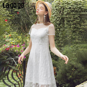 Lagogo/拉谷谷2020夏季新款白色仙女风蕾丝拼接短袖连衣裙女裙子 135元