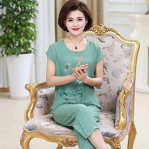 夏装短袖七分裤中老年棉麻套装