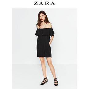 露出小香肩# ZARA 女士荷叶边露肩连衣裙 79元包邮